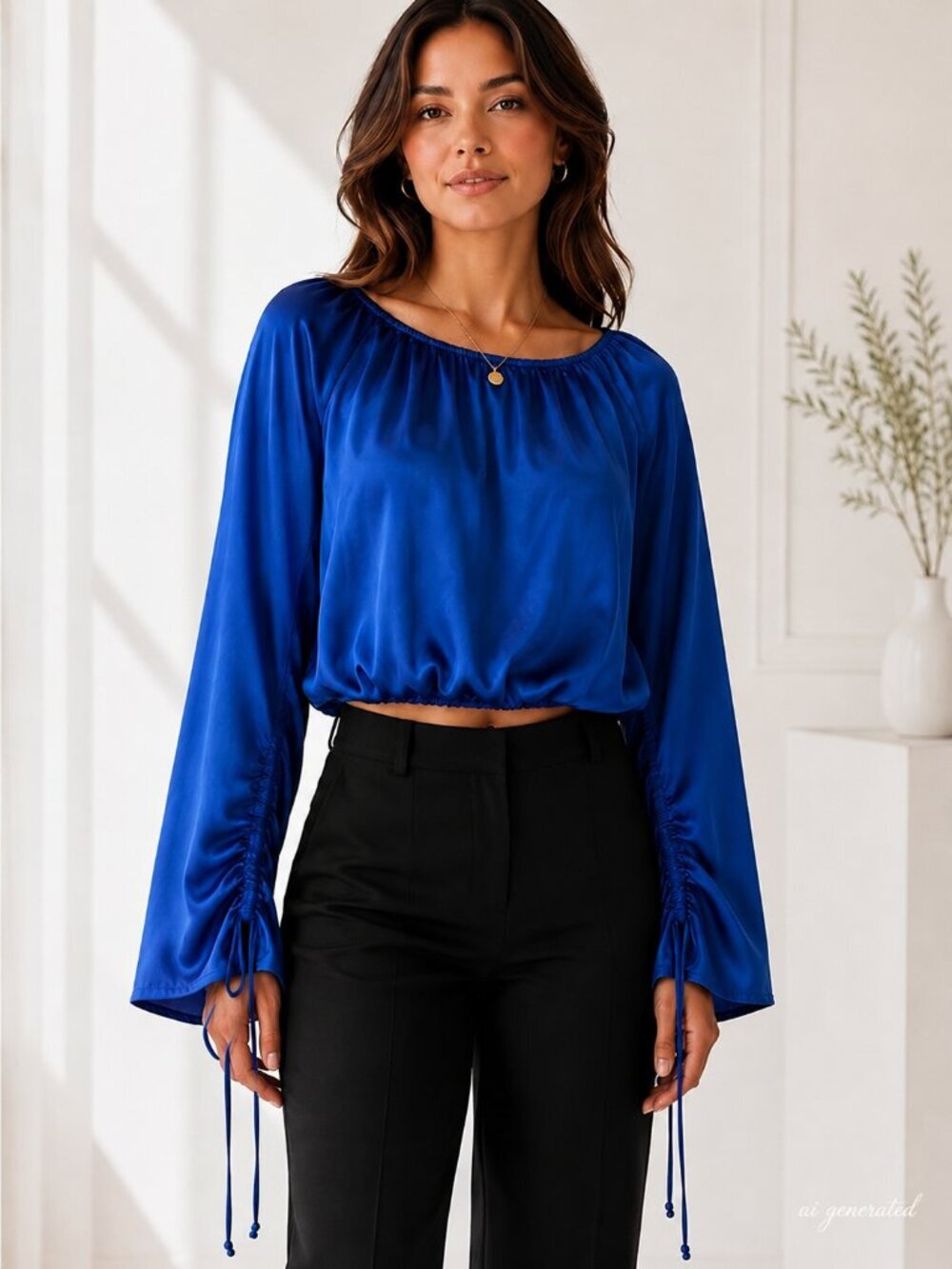 FIFTEEN TWENTY Cobalt Blue Satin Blouse Bell Sleeve Tie Sleeve Top Womens M